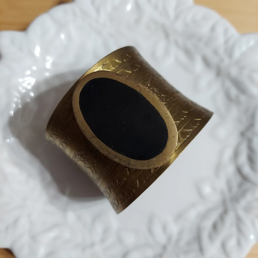 Textured Brass Cuff Design Bracelet w/ Beveled Oval Wood Center